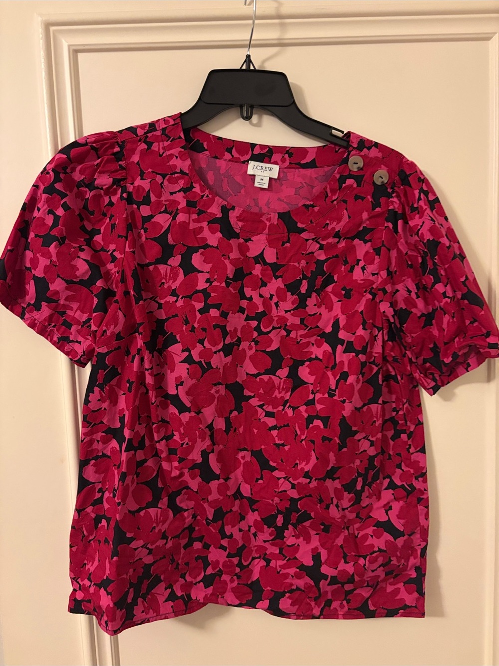 J. Crew Fuchsia and Black Floral Puff-Sleeve Blouse